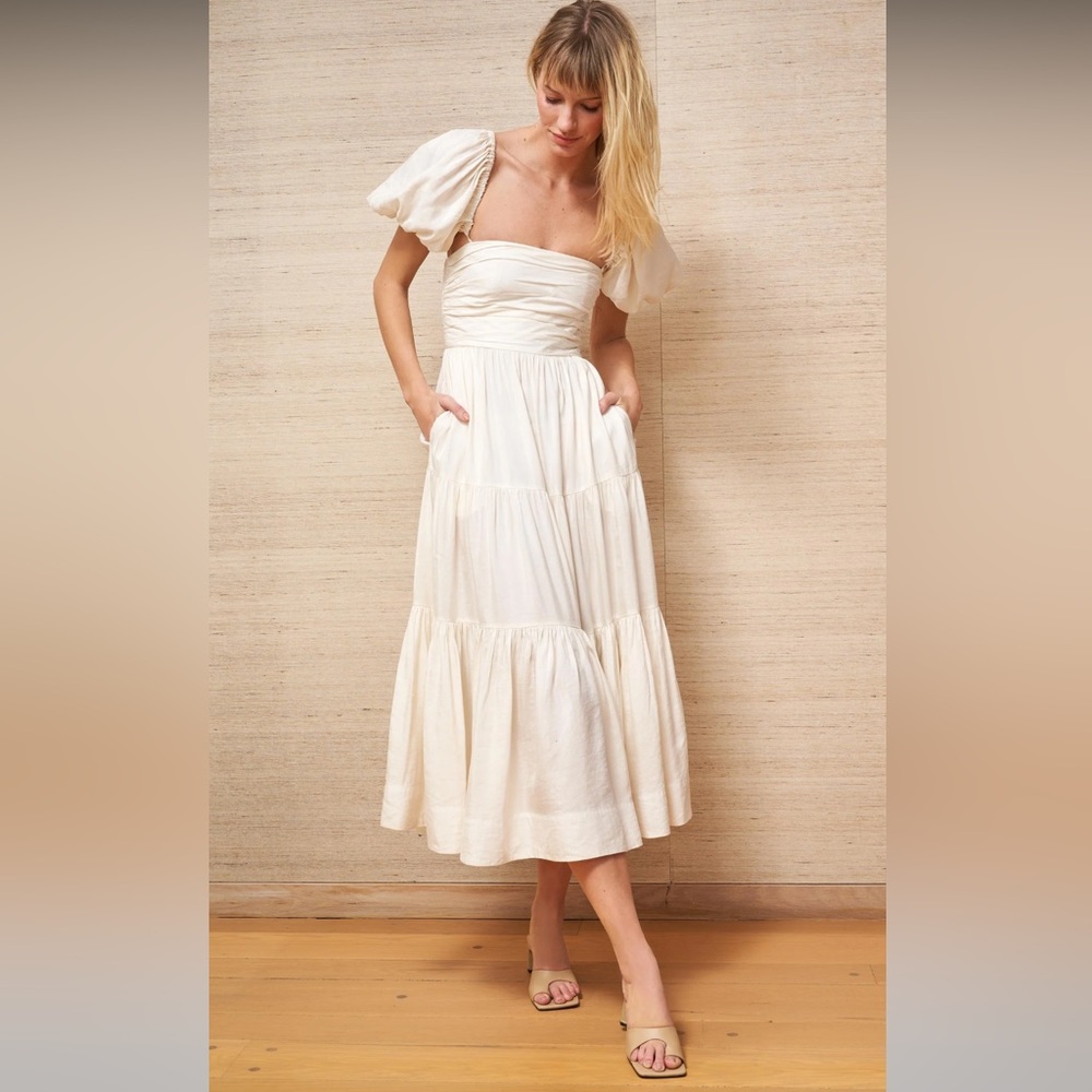 La Ligne Cream Puff-Sleeve Tiered Midi Dress